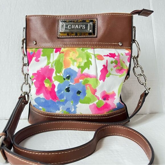 Chaps by Ralph Lauren Vegan Brown Multicolor Floral Crossbody Bag Purse - Picture 1 of 15